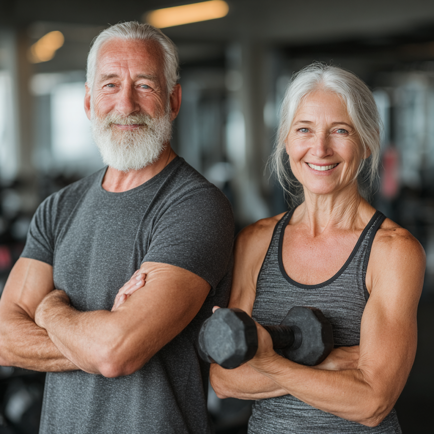 Активні літні люди займаються фітнесом на свіжому повітрі
